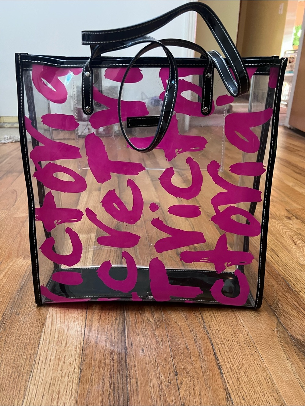 Vintage Clear Tote with Bold Pink Script and Black Trim